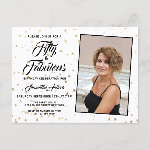 50 and Fabulous Elegant Gold Stars Photo Invitation Postcard