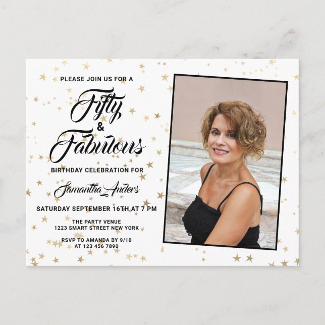 50 and Fabulous Elegant Gold Stars Photo Invitation Postcard (Front)