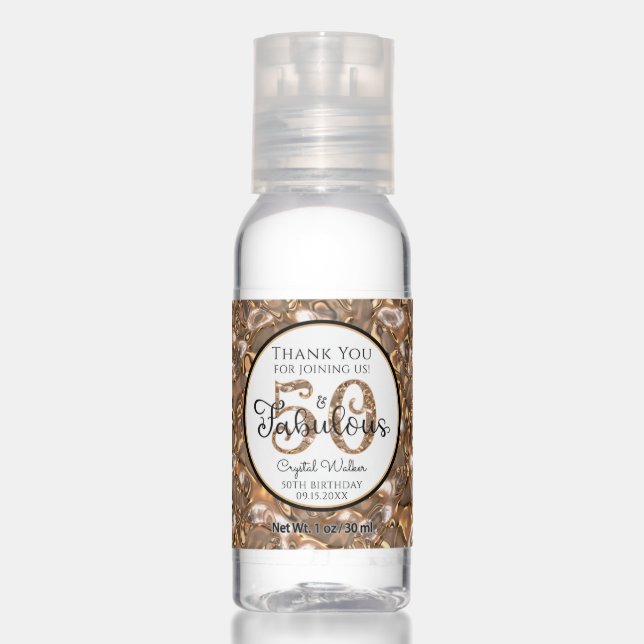 50 AND FABULOUS Elegant Gold Thank You Party Favor Hand Sanitizer (Front)