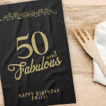 50 and Fabulous Elegant Ornament 50th Birthday  Kitchen Towel<br><div class="desc">50 and Fabulous Elegant Ornament 50th Birthday Black kitchen towel. 50 and fabulous saying in trendy golden script and a gold ornament. Personalize it with your name and the age.</div>