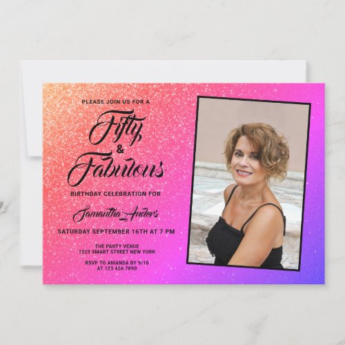 50 and Fabulous Elegant Pink Glitter Photo Invitation