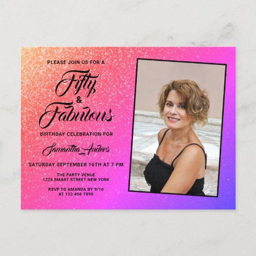 50 and Fabulous Elegant Pink Glitter Photo  Invitation Postcard