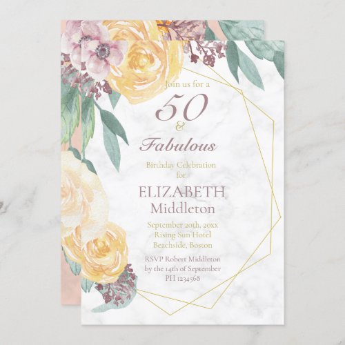 50 and Fabulous Elegant Pink Marble  Birthday Invitation