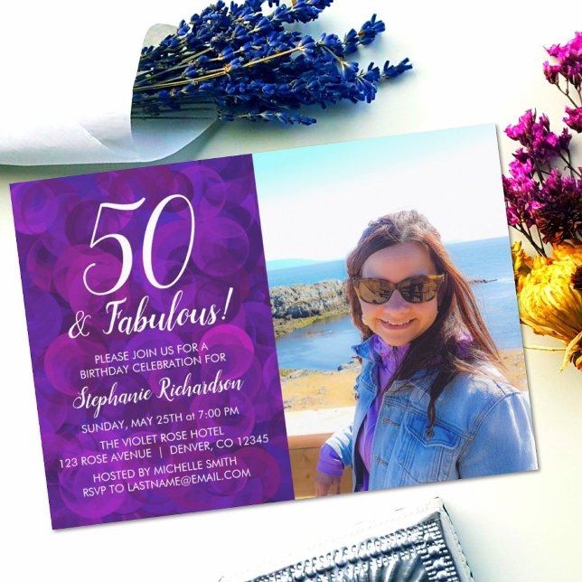 50 and Fabulous Elegant Purple Photo Birthday Invitation (Creator Uploaded)