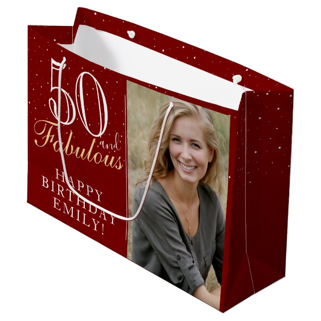 50 and Fabulous Elegant Red 50th Birthday Photo Large Gift Bag (Front Angled)