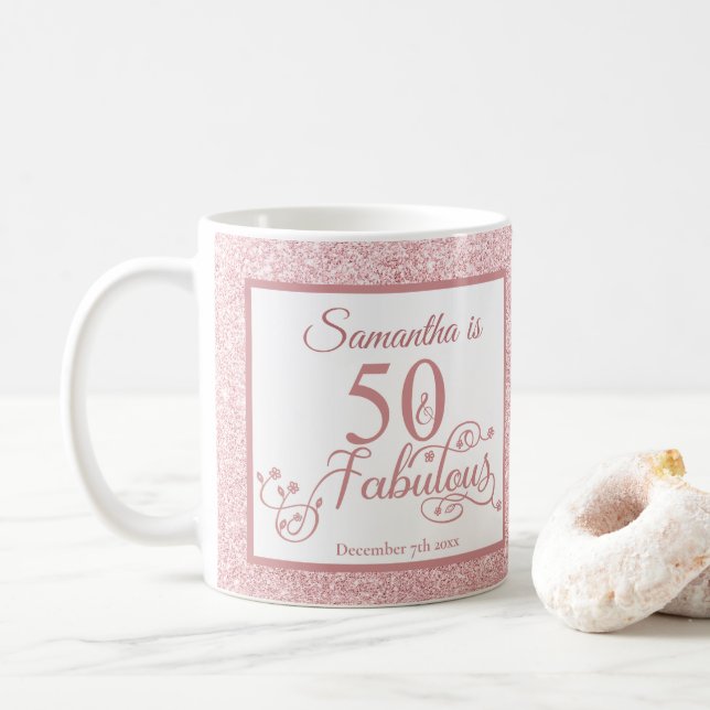 50 and Fabulous Elegant Rose Glitter Coffee Mug (With Donut)