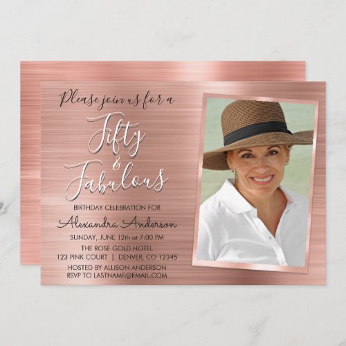 50 and Fabulous Elegant Rose Gold Blush Pink Photo Invitation