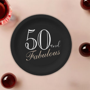 50 and Fabulous Elegant Script Black 50th Birthday Paper Plates