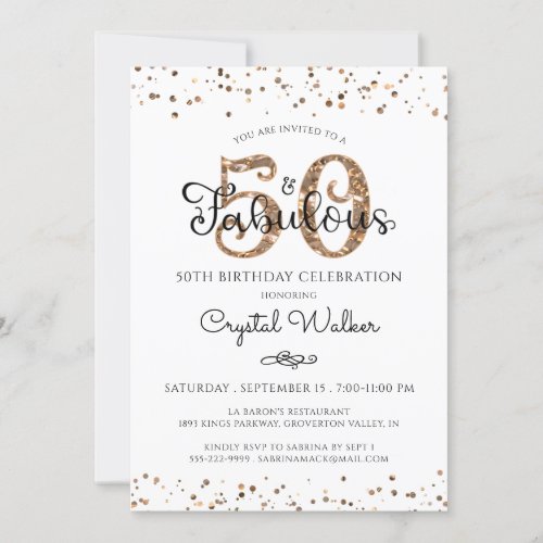 50 AND FABULOUS Elegant Script Black Gold Confetti Invitation