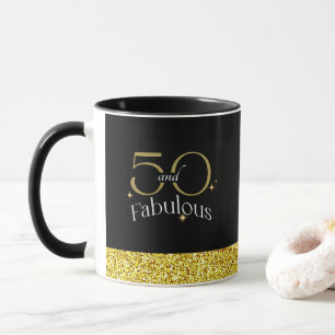 50 and Fabulous Elegant Script Black Gold Glitter Mug