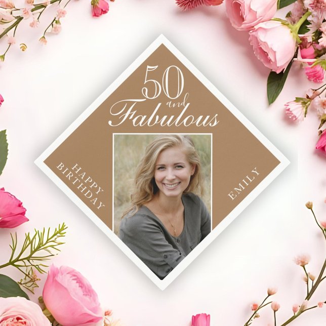 50 and Fabulous Elegant Script Photo 50th Birthday Napkins (Creator Uploaded)