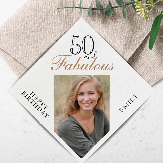 50 and Fabulous Elegant Script Photo 50th Birthday Napkins (Creator Uploaded)
