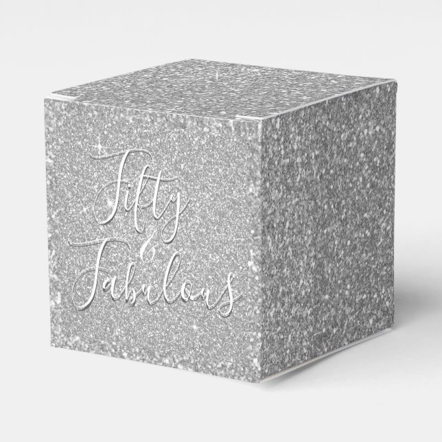 50 and Fabulous Elegant Silver Glitter Favor Boxes (Front Side)