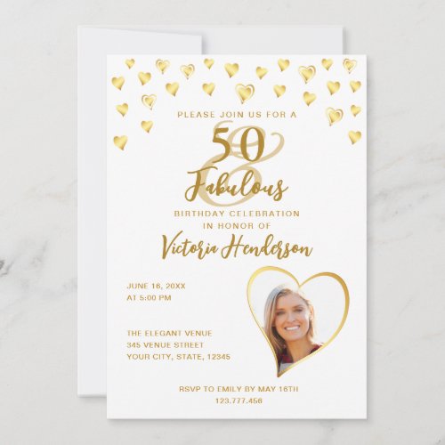 50 and Fabulous Elegant White and Gold Birthday Invitation