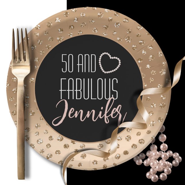 50 and Fabulous Feminine Stylish Gold Black Blush  Paper Plates (Creator Uploaded)