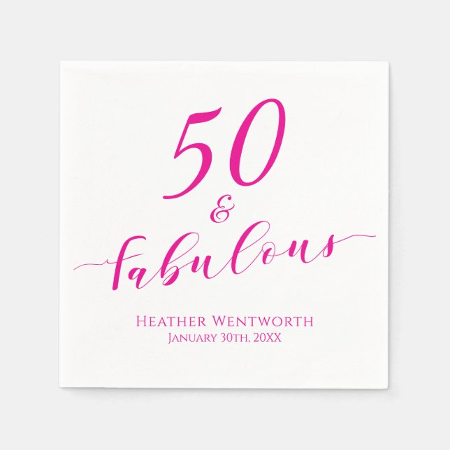 50 and Fabulous Fiftieth Birthday Pink Name Date  Napkins (Front)