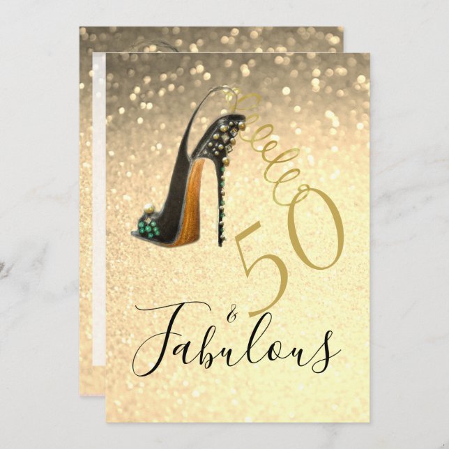 50 and Fabulous Fiftieth Elegant Glitter Gold Invitation (Front/Back)