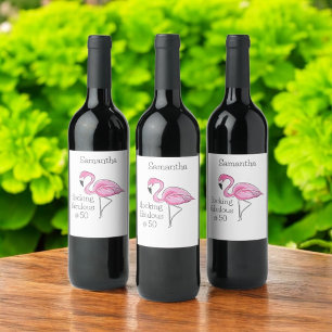 50 and Fabulous Flamingo Personalized Wine Label