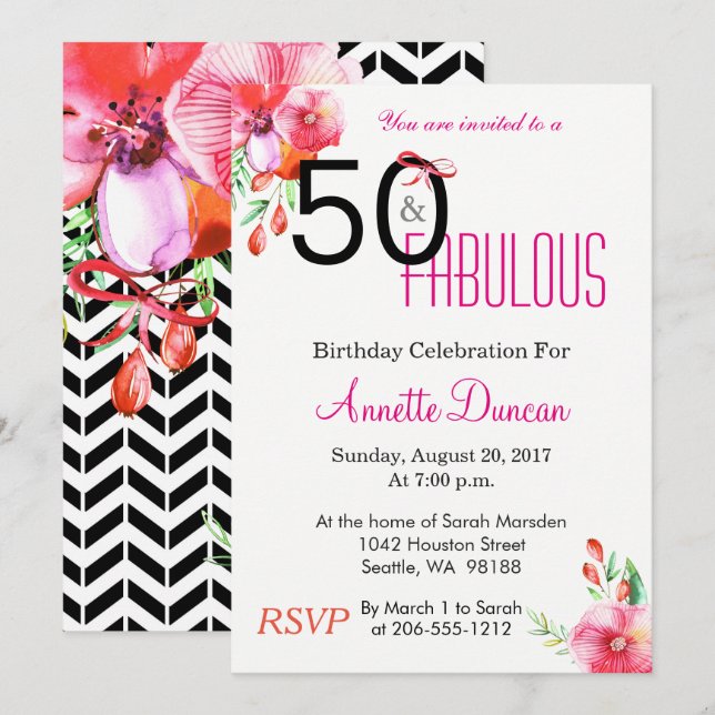 50 and Fabulous Floral 50th Birthday Invitation (Front/Back)