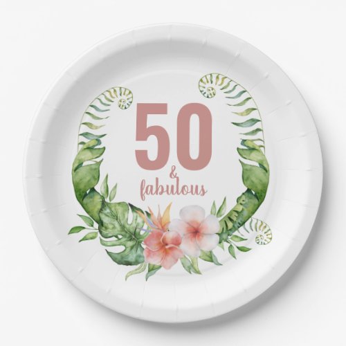 50 and fabulous floral blush pink script birthday paper plates