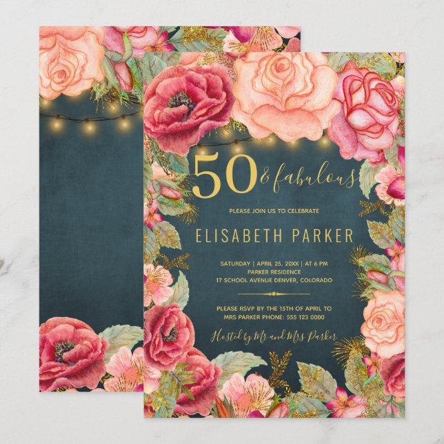 50 and fabulous floral elegant 50th birthday party invitation (Front/Back)