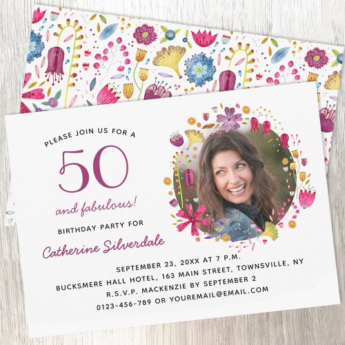 50 and Fabulous Floral Photo Birthday Party Invitation