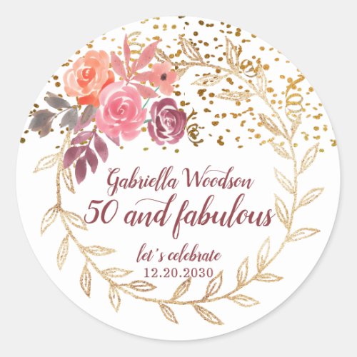 50 And Fabulous Floral Pink Marsala Glitter Classic Round Sticker
