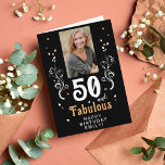 50 and Fabulous Foliage 50th Birthday Photo Card<br><div class="desc">50 and Fabulous Foliage 50th Birthday Photo Card. 50 and fabulous text in trendy white script with a name and white foliage on a black background. Personalize it with your photo,  your name and the age. Add your text inside the card or erase it.</div>