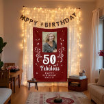 50 and Fabulous Foliage Red 50th Birthday Photo Banner<br><div class="desc">50 and Fabulous Foliage Red 50th Birthday Photo Banner. Personalized 50th birthday party backdrop. 50 and fabulous text in trendy white script with a name and white foliage on a dark red background. Personalize it with your photo,  your name and the age.</div>