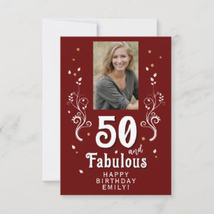 50 and Fabulous Foliage Red 50th Birthday Photo Card
