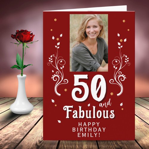 50 and Fabulous Foliage Red 50th Birthday Photo Card