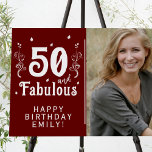50 and Fabulous Foliage Red 50th Birthday Photo  Foam Board<br><div class="desc">50 and Fabulous Foliage Red 50th Birthday Photo Foam Board. 50 and fabulous text in trendy white script with a name and white foliage on a dark red background. Personalize it with your photo, your name and the age, and make a birthday party banner. It`s a great sign and backdrop...</div>