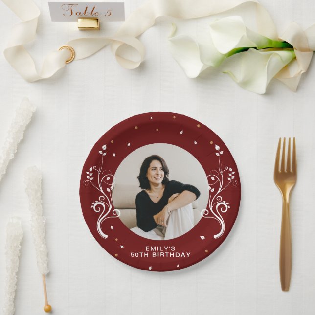 50 and Fabulous Foliage Red 50th Birthday Photo Paper Plates (Wedding)