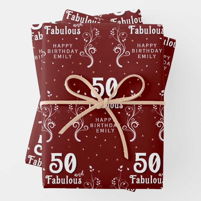 50 and Fabulous Foliage Red 50th Birthday  Wrapping Paper Sheets (In situ)