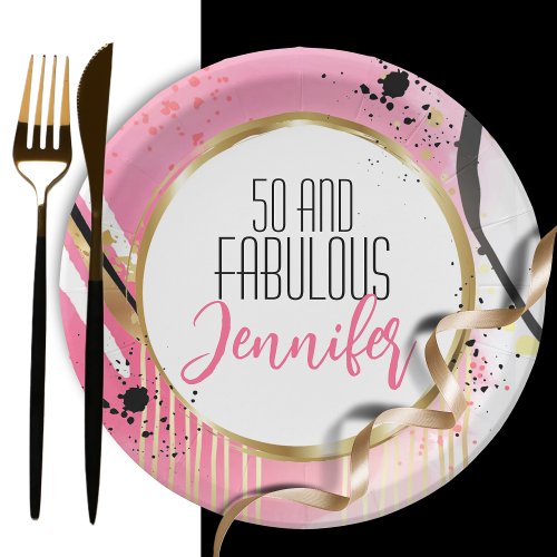 50 and Fabulous For Her Pink Gold Black Retro Fun Paper Plates