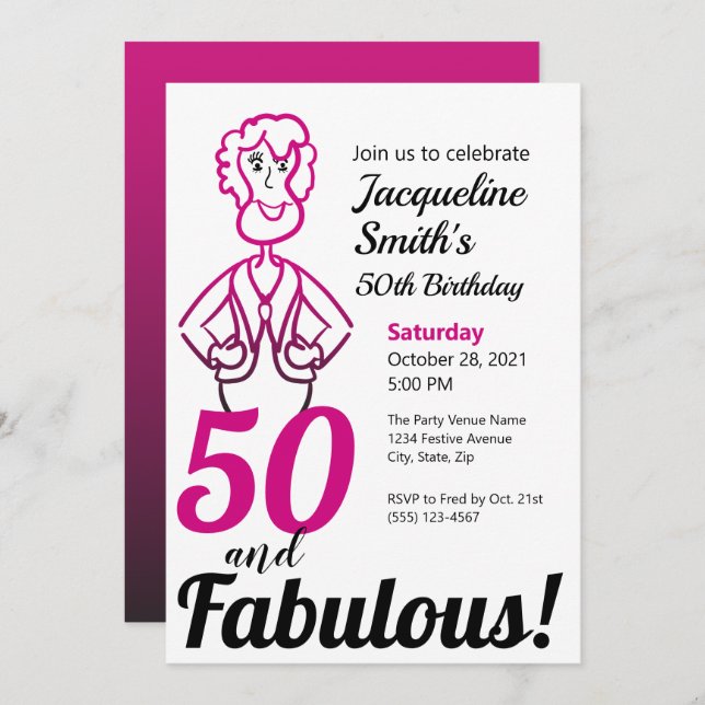 50 and Fabulous Funny Pink and Black Lady Invitation (Front/Back)