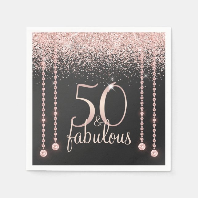 50 and Fabulous Girly Rose Gold Glitter Diamond Napkins (Front)