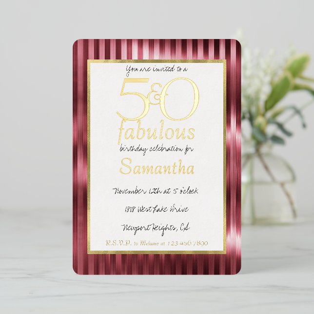 50 and Fabulous Glam Gold Red Stripes Birthday Foil Invitation (Standing Front)