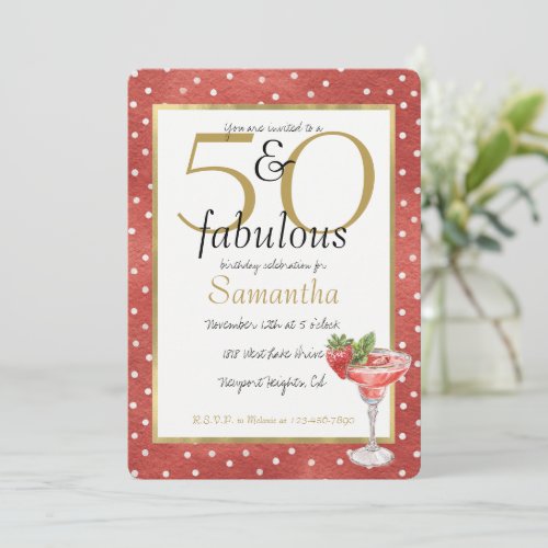 50 and Fabulous Glam Gold Red White Dots Drink Invitation