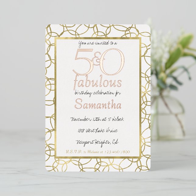 50 and Fabulous Glam Gold White Circles Party Foil Invitation (Standing Front)