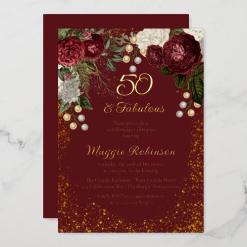50 and Fabulous Glam Rose Floral Birthday Party Foil Invitation