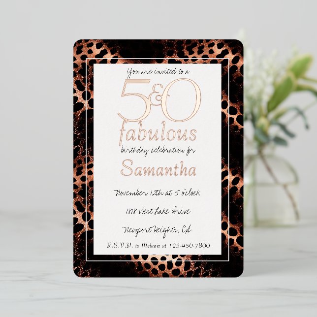 50 and Fabulous Glam Rose Gold Leopard Birthday Foil Invitation (Standing Front)