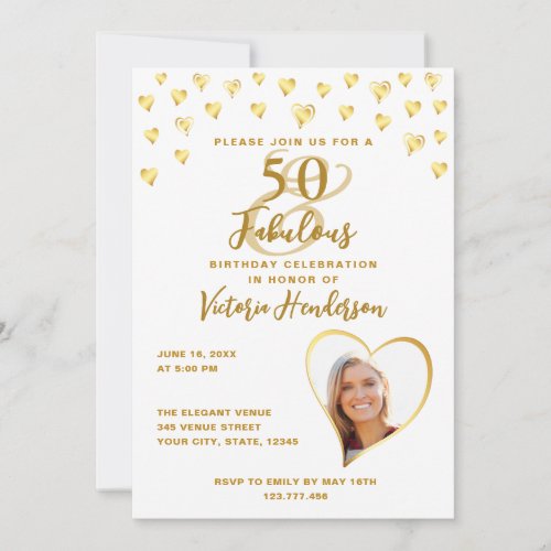 50 and Fabulous Glam White and Gold Photo Birthday Invitation