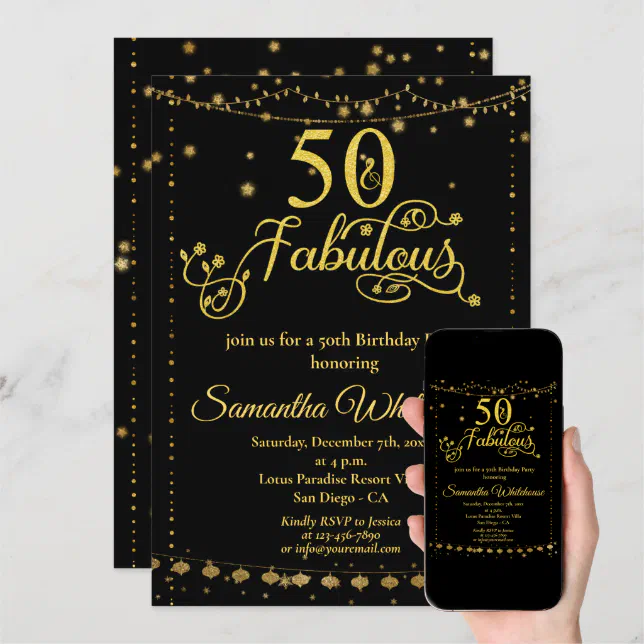 50 And Fabulous Glitter Gold Black Birthday Party Invitation | Zazzle