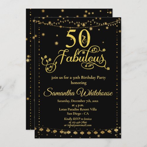 50 and Fabulous Glitter Gold Black Birthday Party Invitation