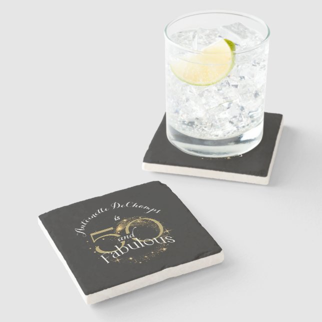50 and Fabulous Gold and Black 50th Birthday Party Stone Coaster (Side)