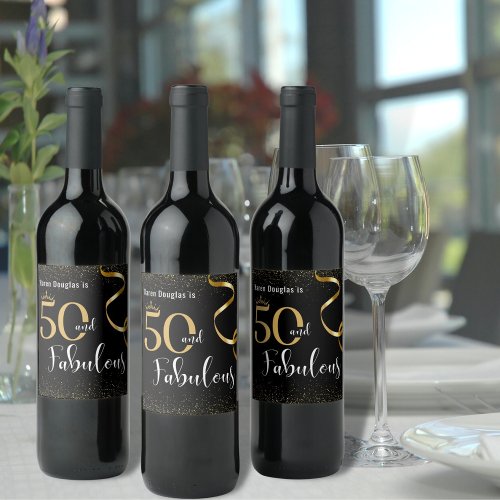 50 and Fabulous Gold and Black Personalized Wine Label