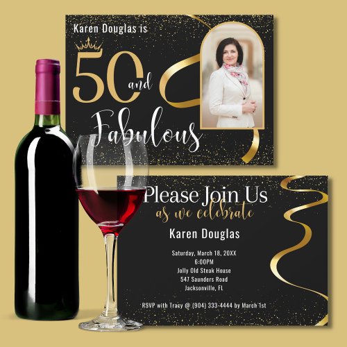 50 and Fabulous Gold and Black Photo Party Invite