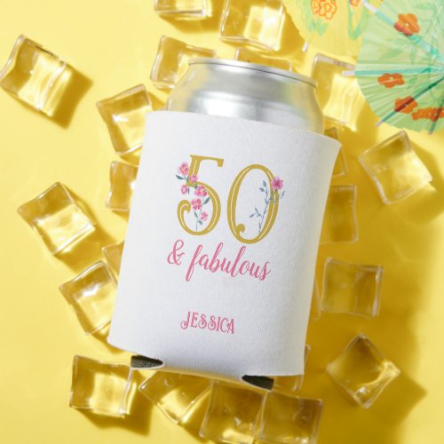 50 and Fabulous Gold and Pink Floral Can Cooler