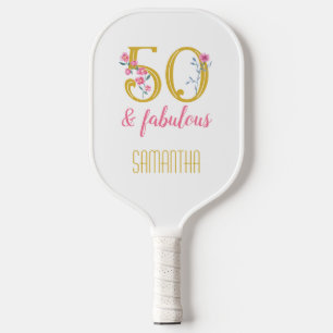 50 and Fabulous Gold and Pink Floral Pickleball Paddle
